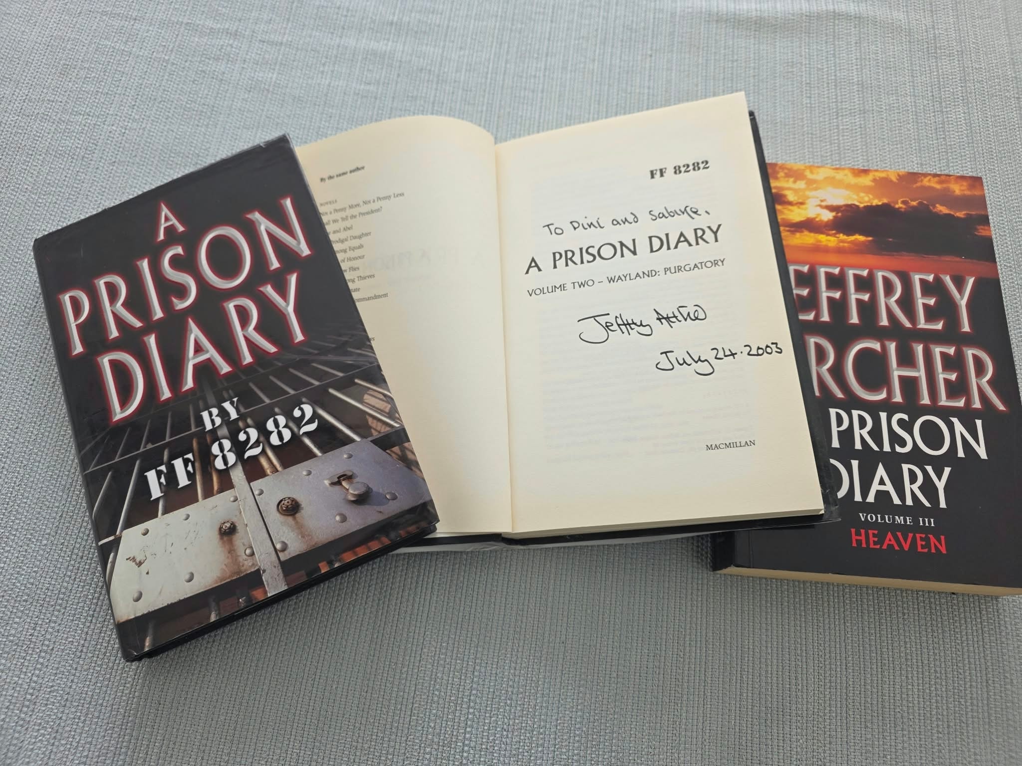Jeffrey Archer’s Prison Diaries, personally inscribed to Pini and Sabine Dunner