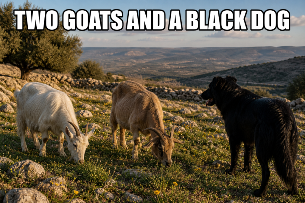 TWO GOATS AND A BLACK DOG